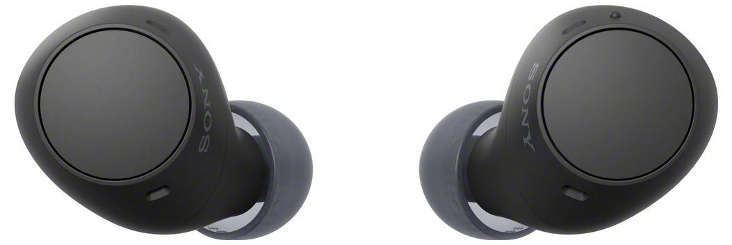Black wireless in-ear earphones, front view. They have a simple, round design with no visible cables or connections.