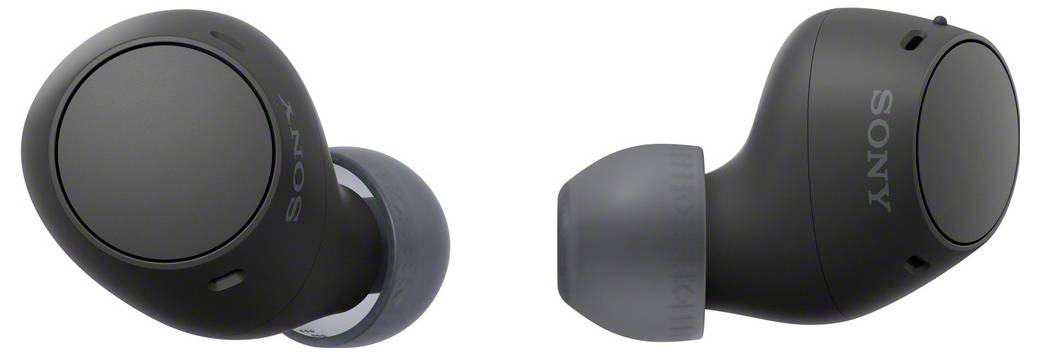 Wireless black earbuds with grey ear tips, side and front view. Brand name visible on both earbuds.