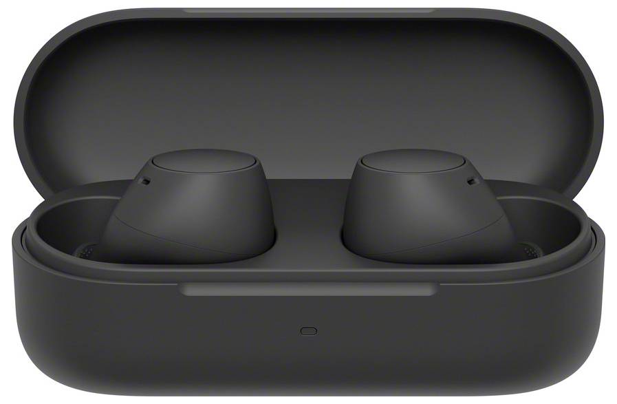 A pair of wireless earbuds in an open black charging case. Perfect for music and calls on the go.