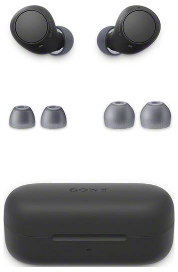 'Wireless earbuds with charging case and multiple earpiece sizes, black.'