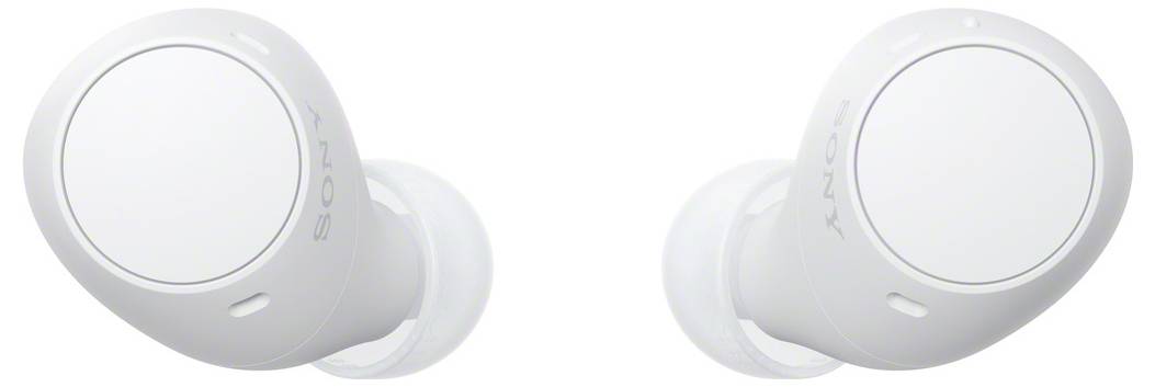 White wireless earbuds with a rounded design and a small logo on the side. Perfect for listening to music and taking calls on the go.