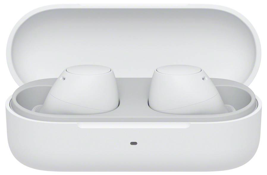A pair of white wireless earbuds in an open charging case, ready to be charged or used.