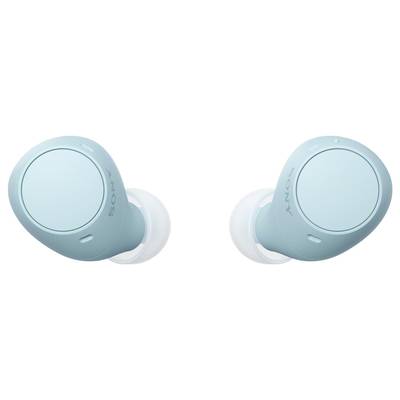 Wireless, light blue Sony earbuds, lying symmetrically side by side, on a white background. Suitable for listening to music on the go.