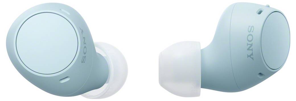 Wireless, light blue Sony earbuds, viewed from the side. They feature soft silicone ear tips for a comfortable fit.