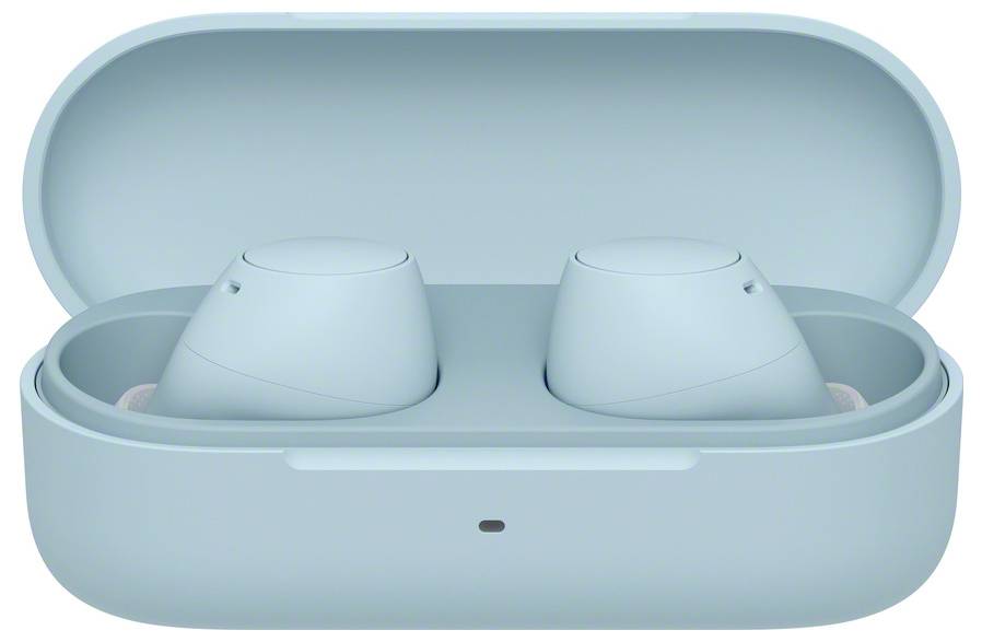 Wireless in-ear headphones in an open charging case, light blue colour.