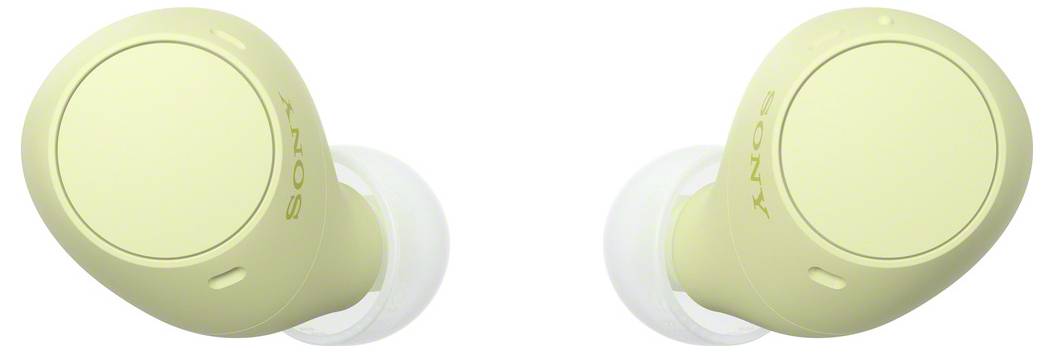 Wireless yellow Sony earphones, viewed from above, on a white background.