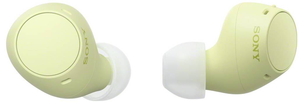 Wireless yellow Sony earbuds, shown from the side and front.