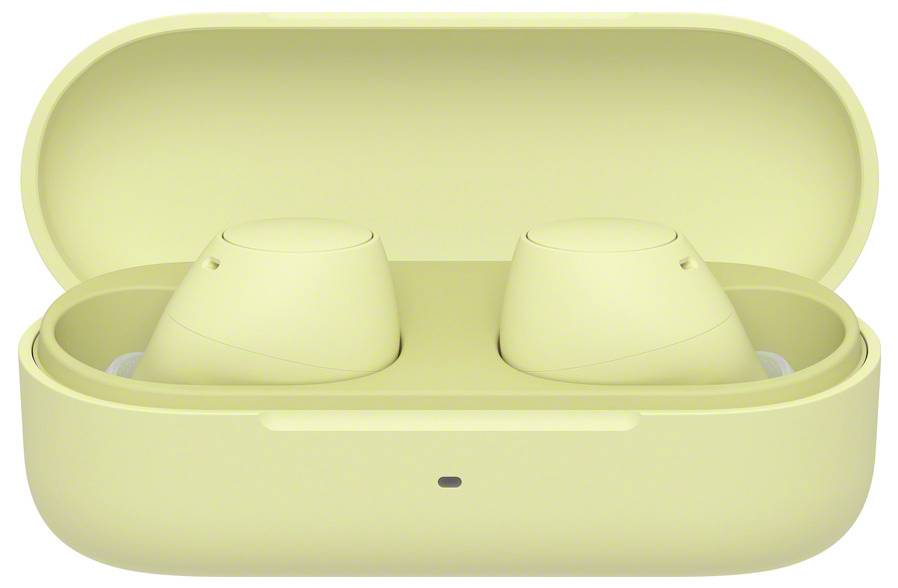 A pair of wireless earbuds in an open, yellow charging case.