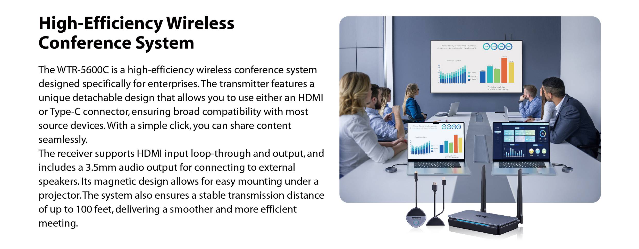 Several individuals in a conference room are using a wireless presentation system with diagrams displayed on screens; text describes device functionalities.