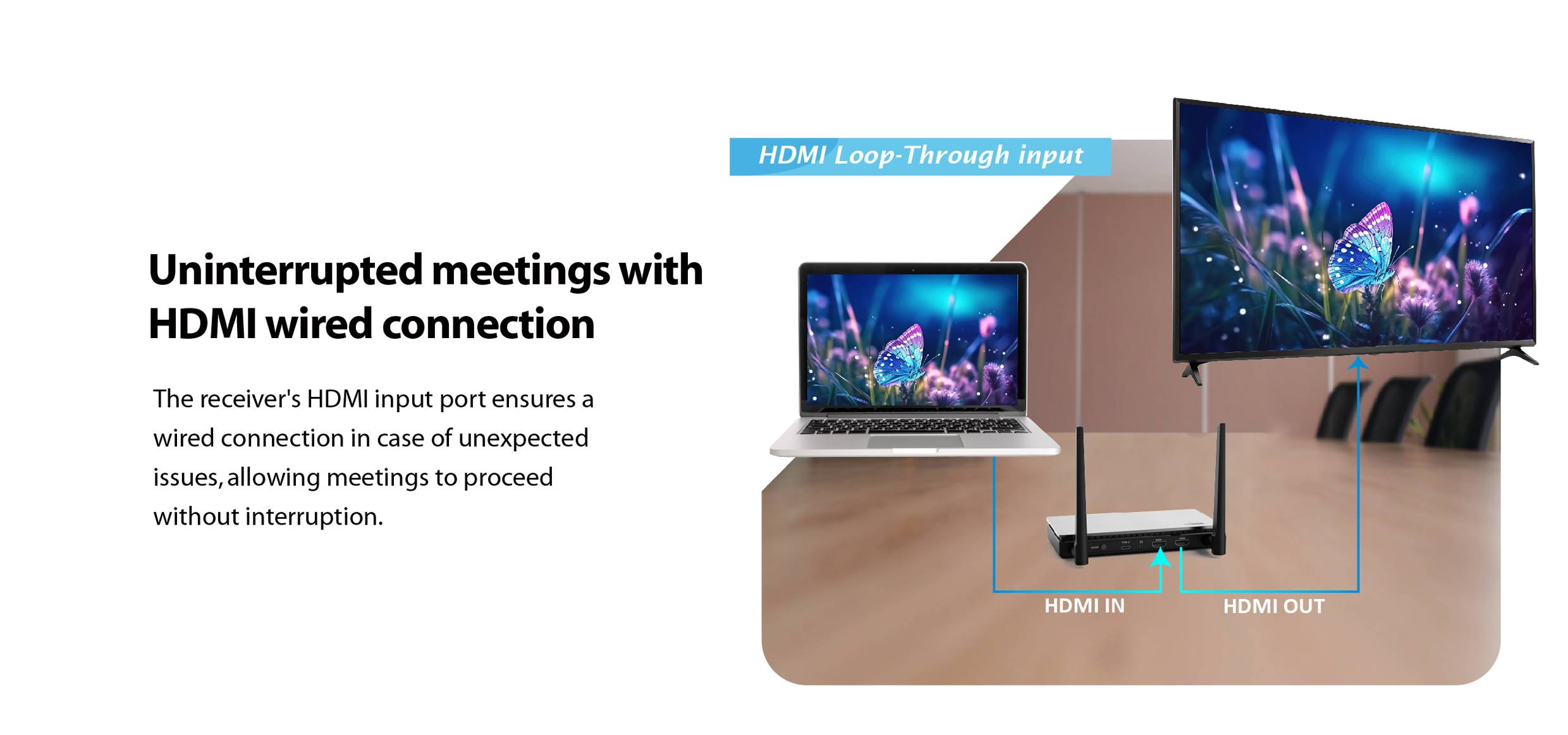 A laptop and a television are connected to a receiver via HDMI cables. Text: Uninterrupted meetings with HDMI wired connection.