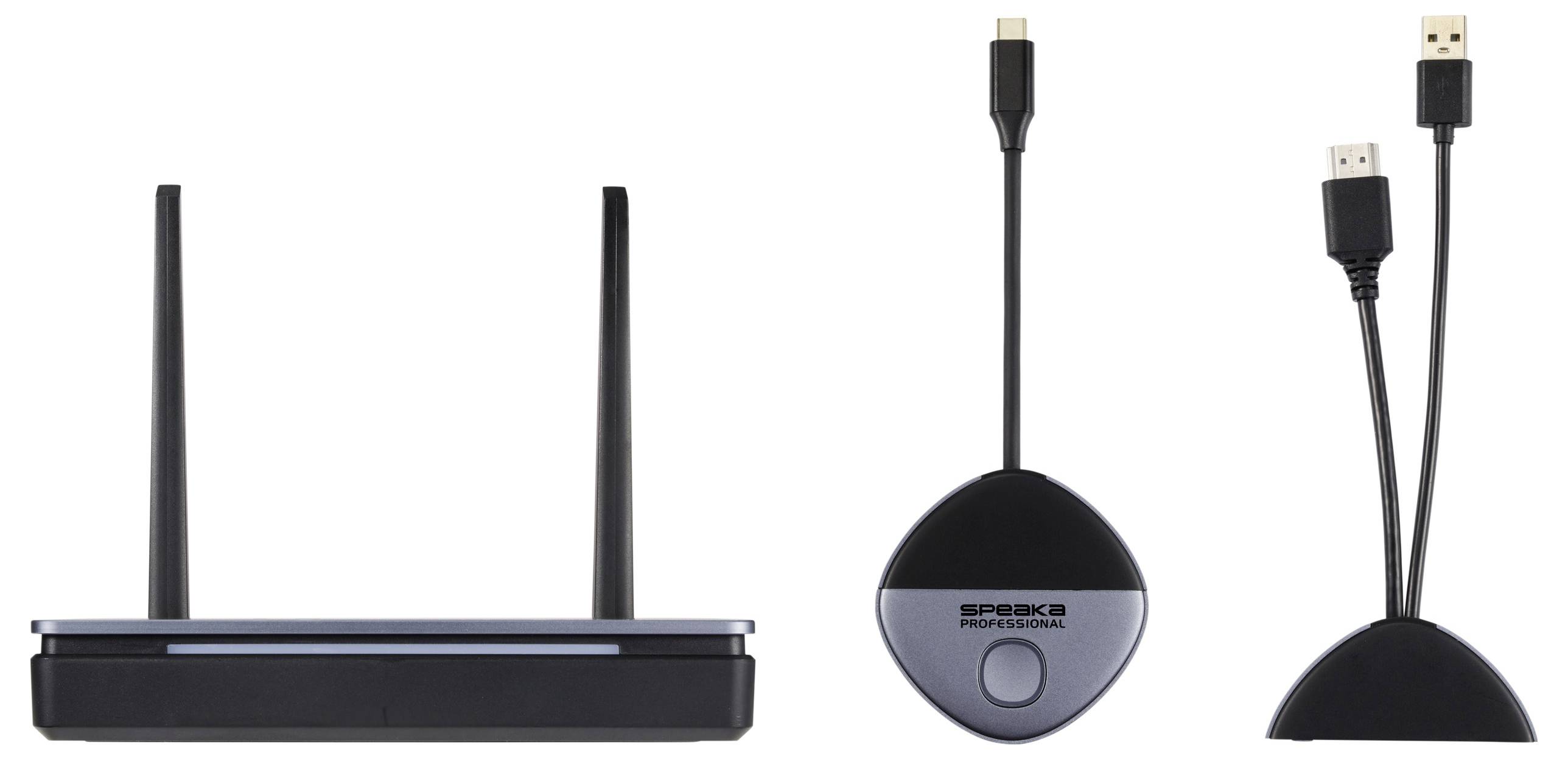 A black Wi-Fi router with two aerials placed next to an HDMI extension cable and a wireless HDMI adapter.