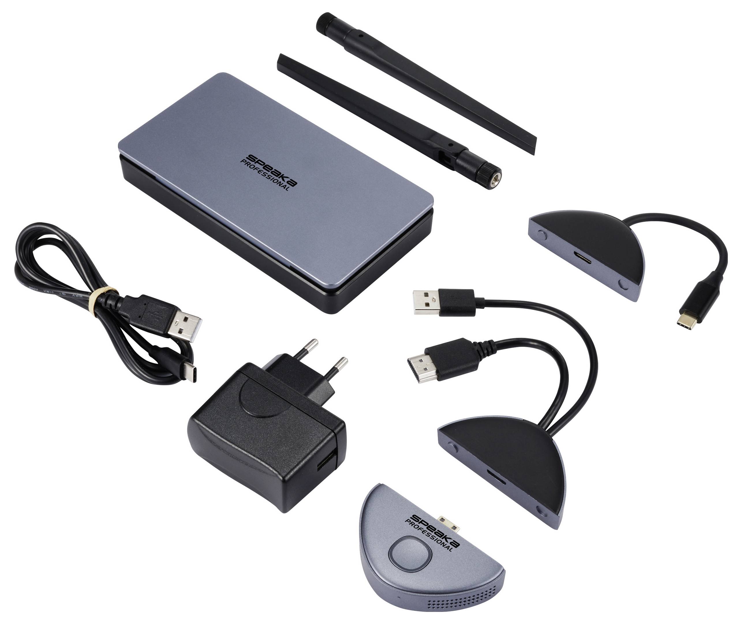 Electronic device with aerials, cables, and adapters. Various ports and a power supply are visible, suitable for computer connections.