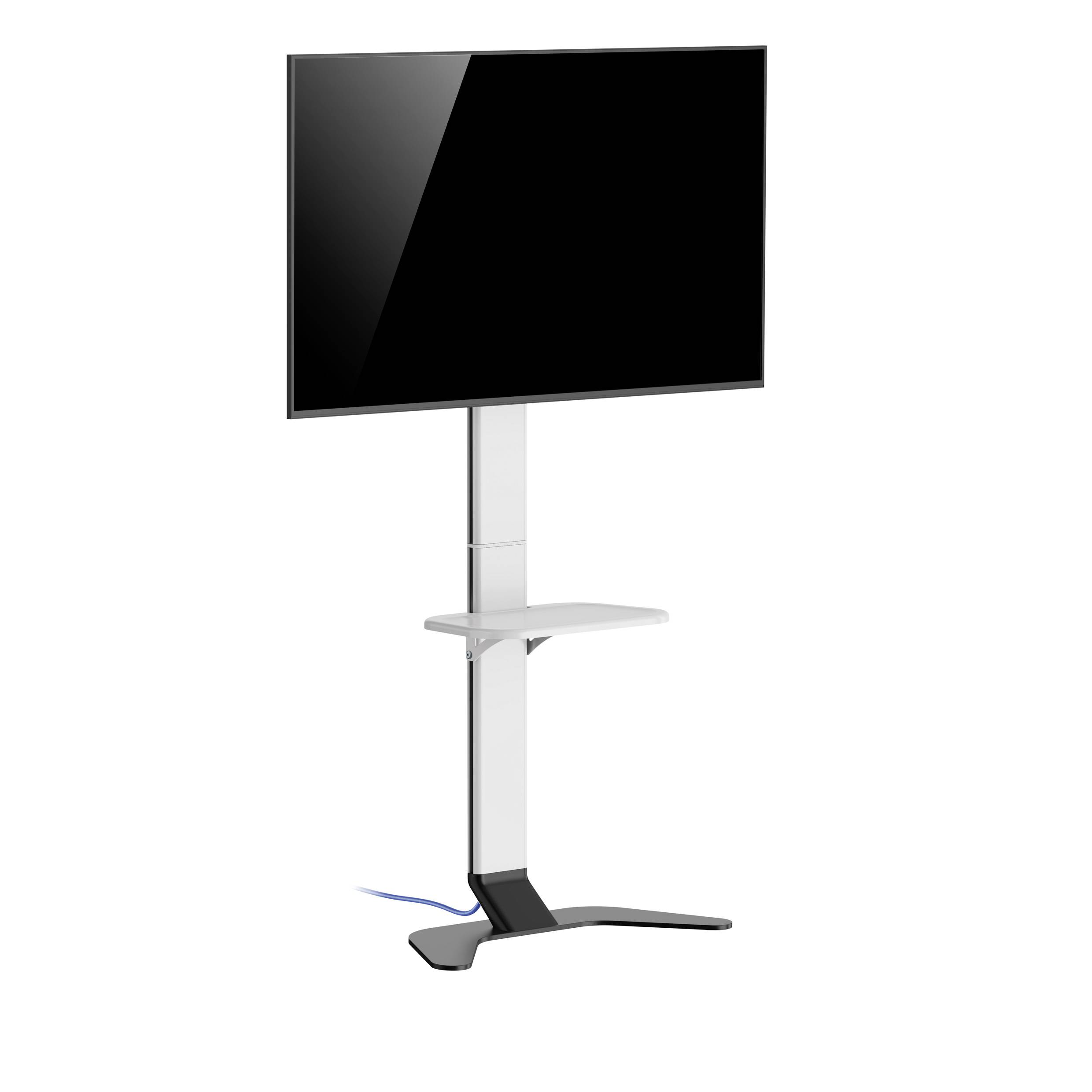 A large, black screen sits on a modern, adjustable stand with a small shelf underneath.