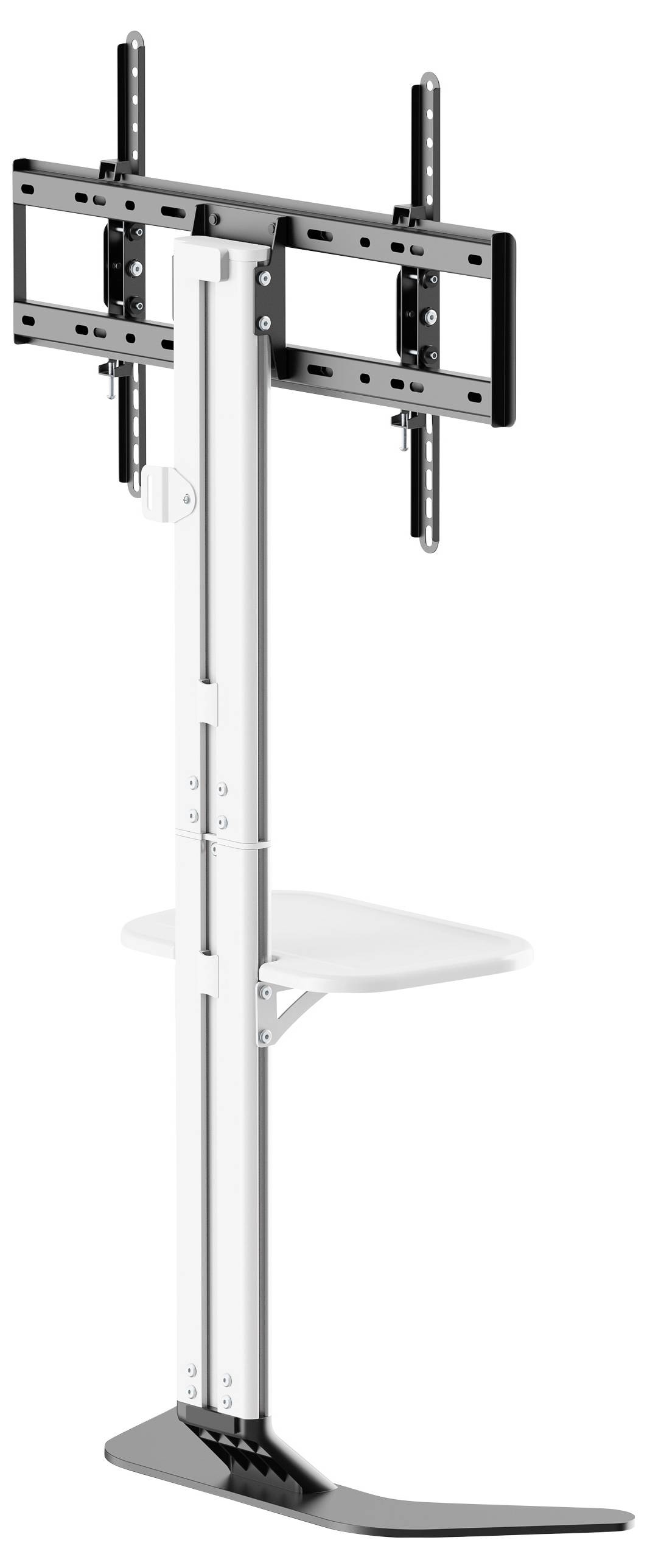 Screen mount with a base stand. Includes a shelf surface and is adjustable in height and tilt.