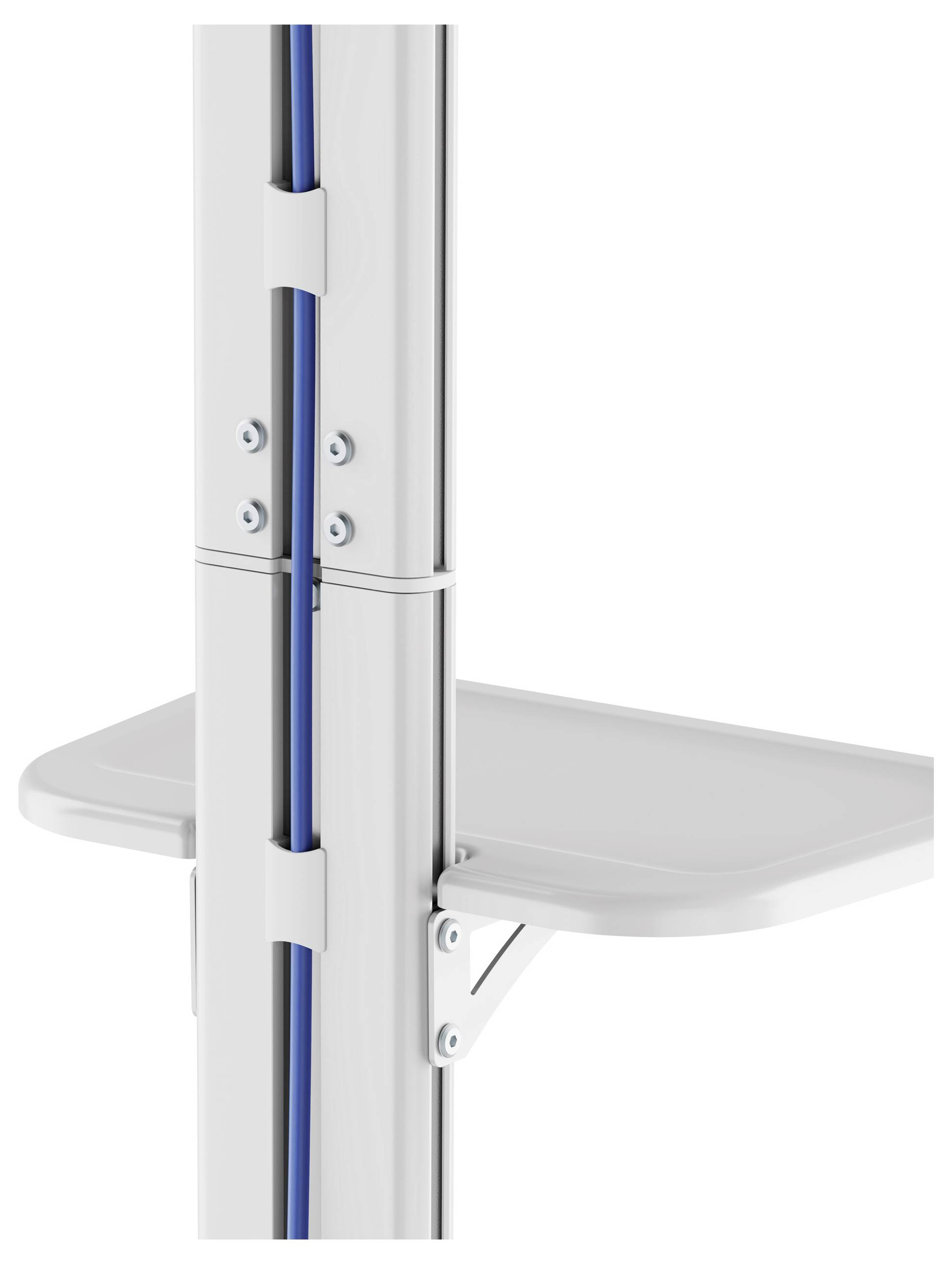 Cable management system with vertical rail, integrated shelf and cable holders, mounted on a white workstation.