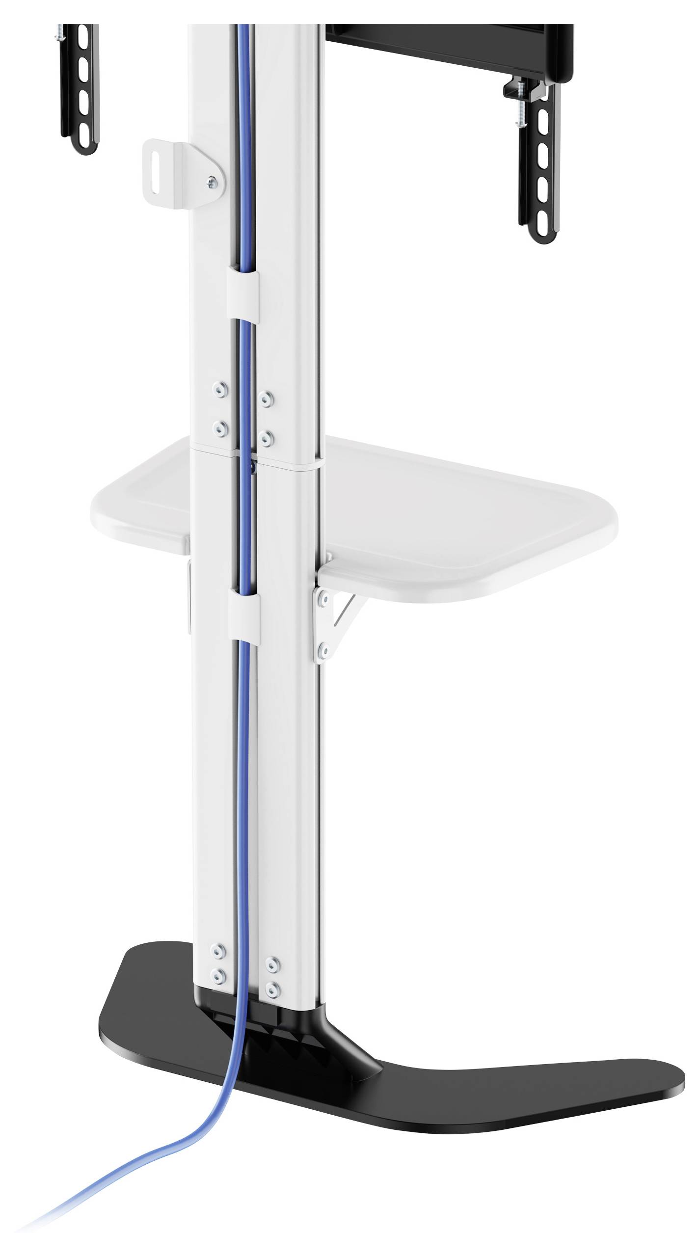 Leg of a white metal frame with a black base, with a blue cable sleeve running vertically along the frame.