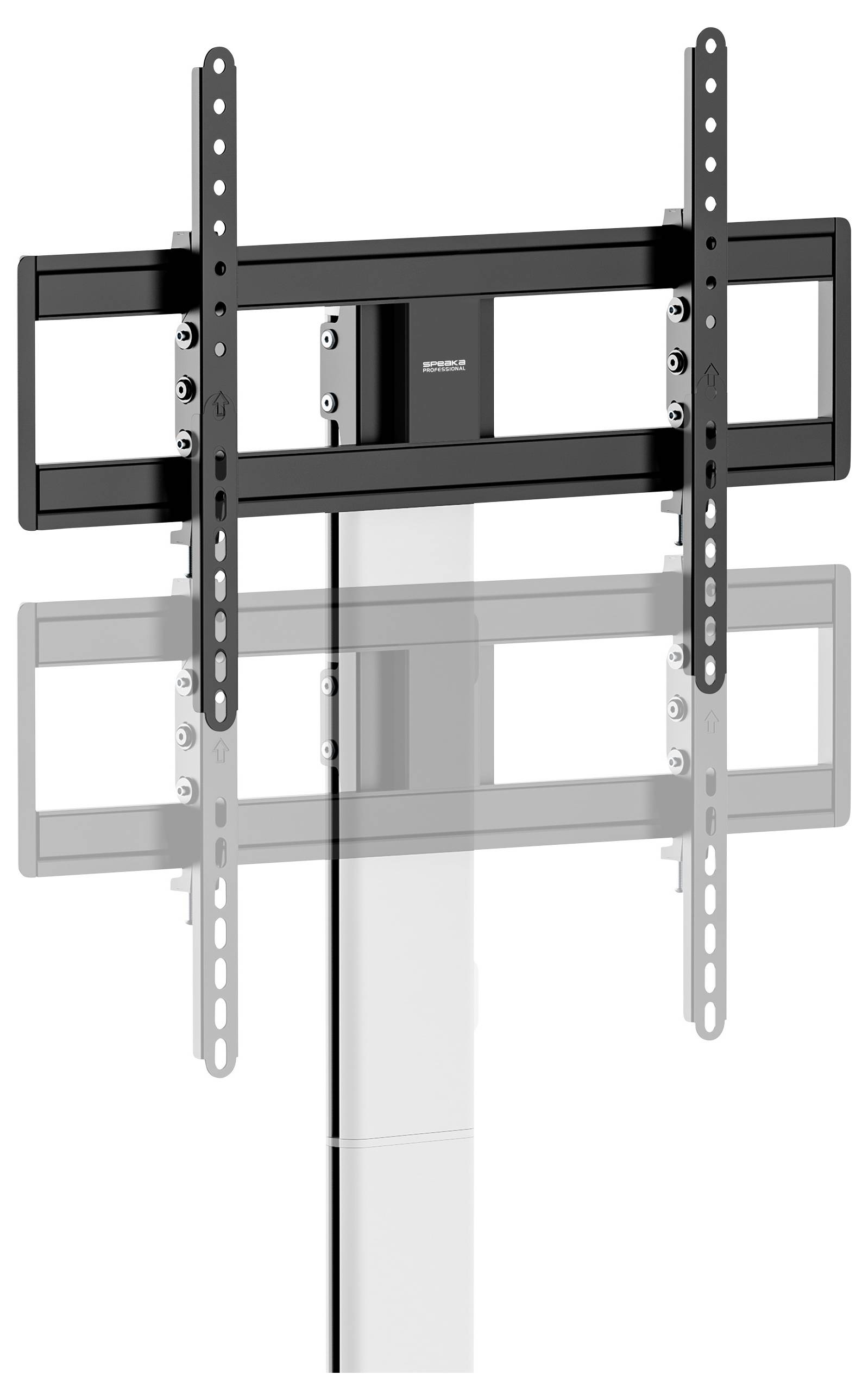 Television wall mount in black, mounted on a silver pole, showing flexible brackets for various TV sizes.