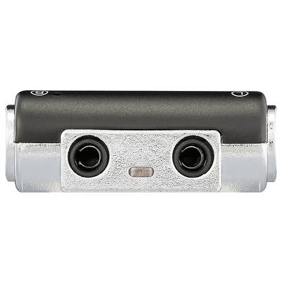 Metallic audio plug adapter with two headphone sockets, marked with 'L' and 'R' for Left and Right.