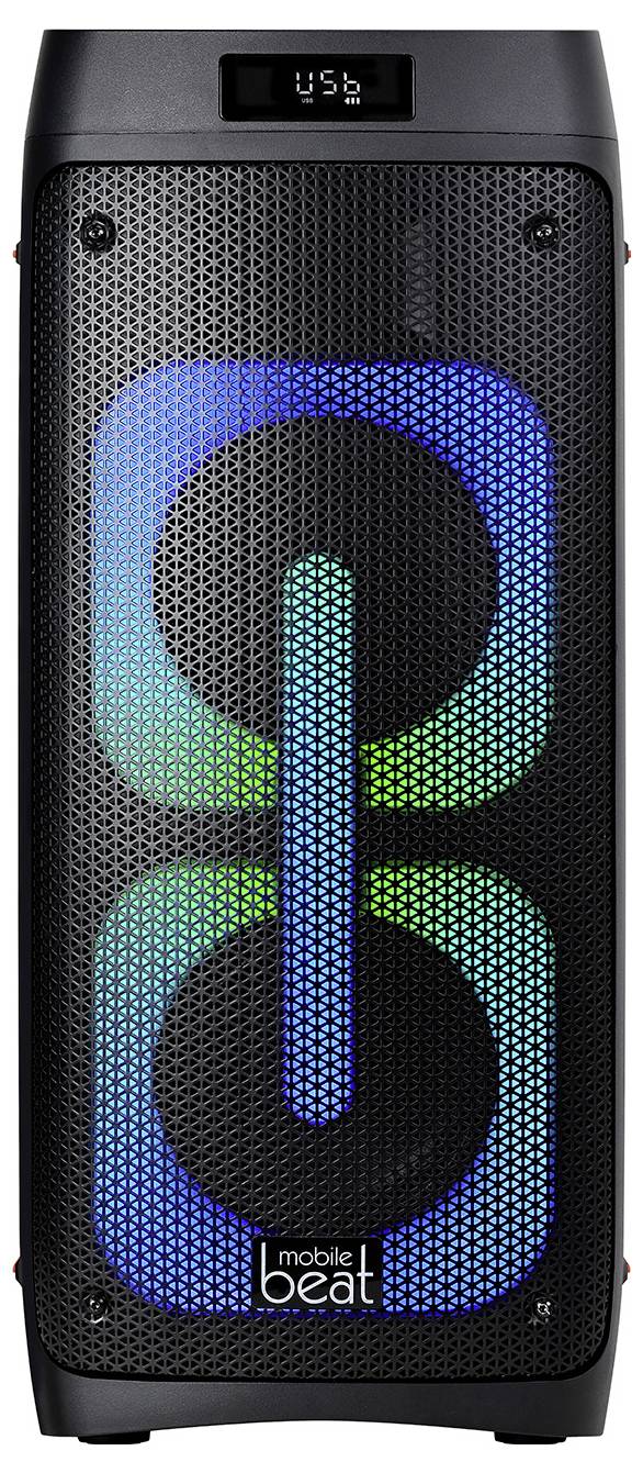 'Black portable speaker with integrated LED display featuring blue-green patterns on the front; USB port on the top.'