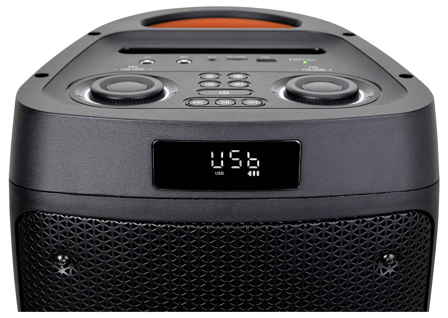 Portable speaker with a display showing 'USB'. Upper controls include a rotary dial and buttons. Black, robust design.