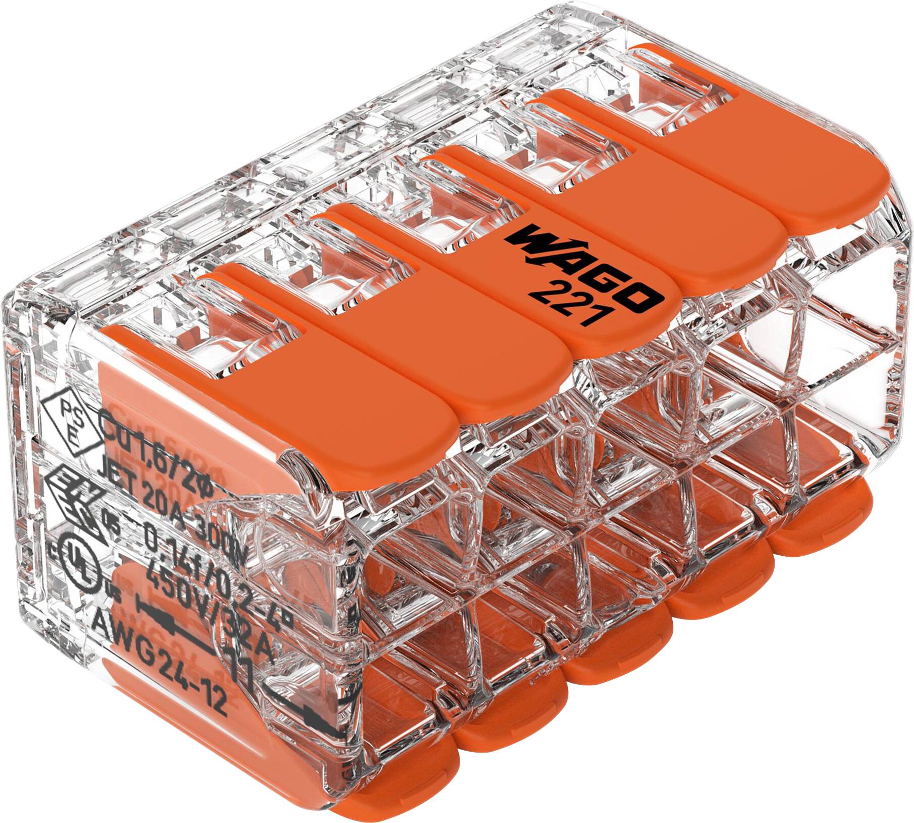 WAGO 221-420-1 221 Connector clip flexible: 0.14-4 mm² fixed: 0.2-4 mm² Number of pins: 10 1 pc(s) Transparent, Orange
