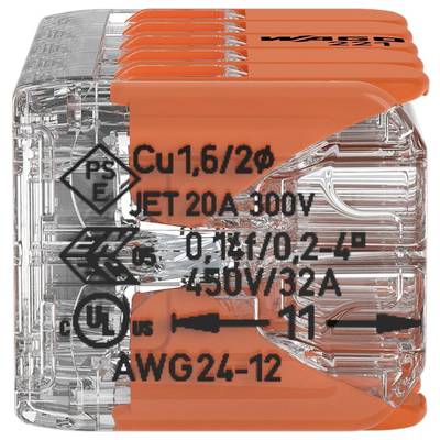 Transparent cable connector with orange levers, labelled with technical specifications: 300V, 20A, for 0.14-4mm² cables.