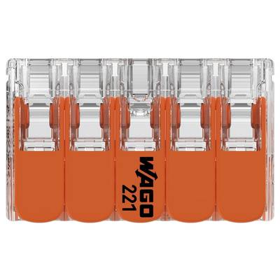 Transparent, five-way push-wire connector with orange levers, marked 'WAGO 221', enables simple wire connection.
