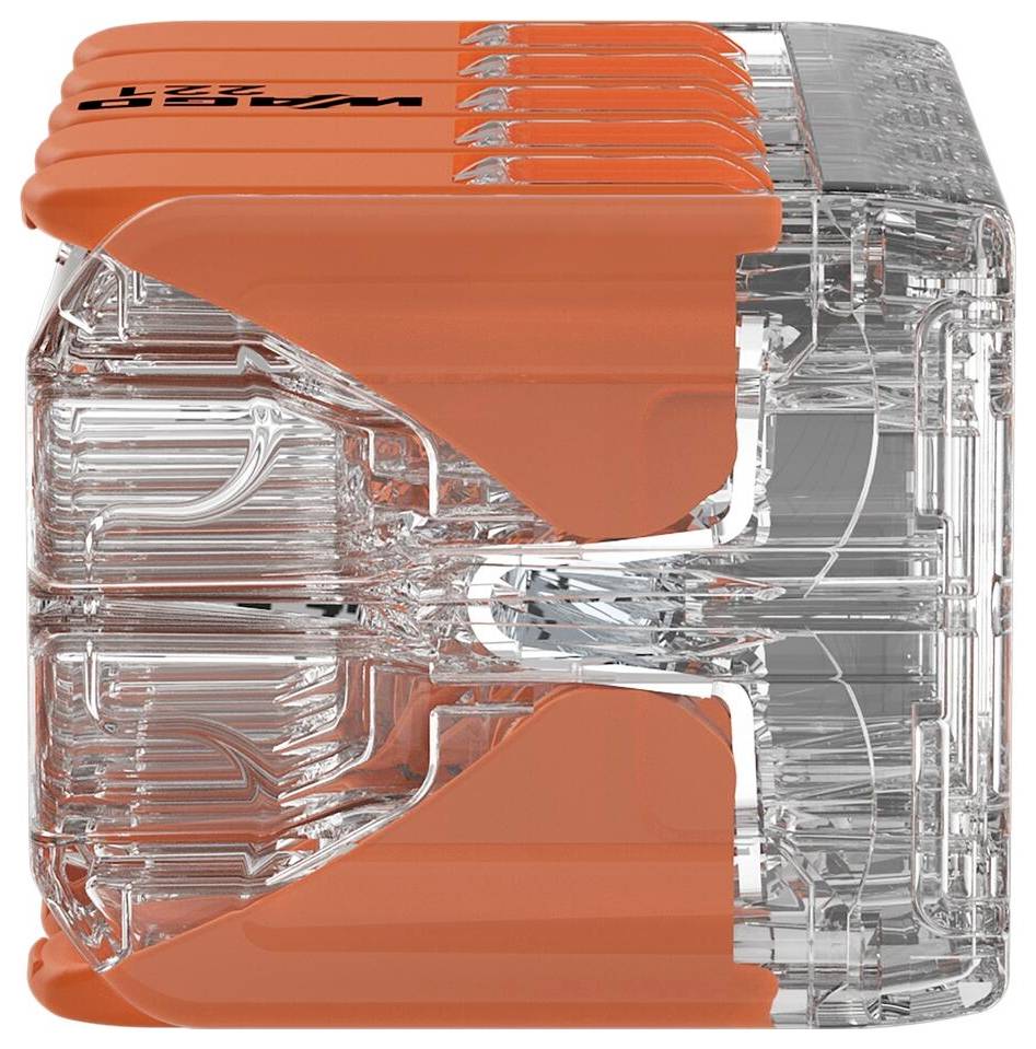 A transparent, orange electrical connector showing six wire connections in a compact design.