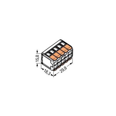 Figure of a multi-pole connector with dimensions: 15.8 mm x 18.3 mm x 29.8 mm. Shows five orange terminal points.