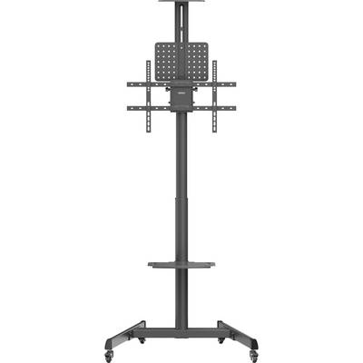 A black TV stand on castors with an adjustable mounting bracket and shelving. Ideal for flexible room layout.