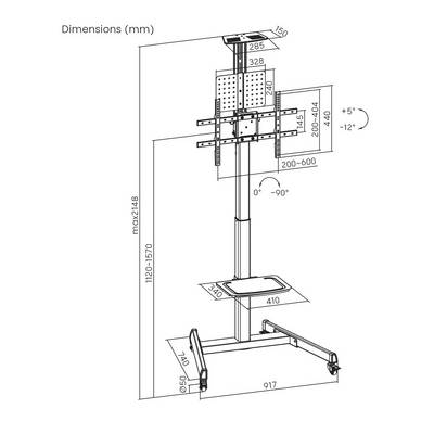 'Diagram of a mobile TV stand with dimensions in millimetres. Height adjustable up to 2,418 mm, with tilting VESA mount.'
