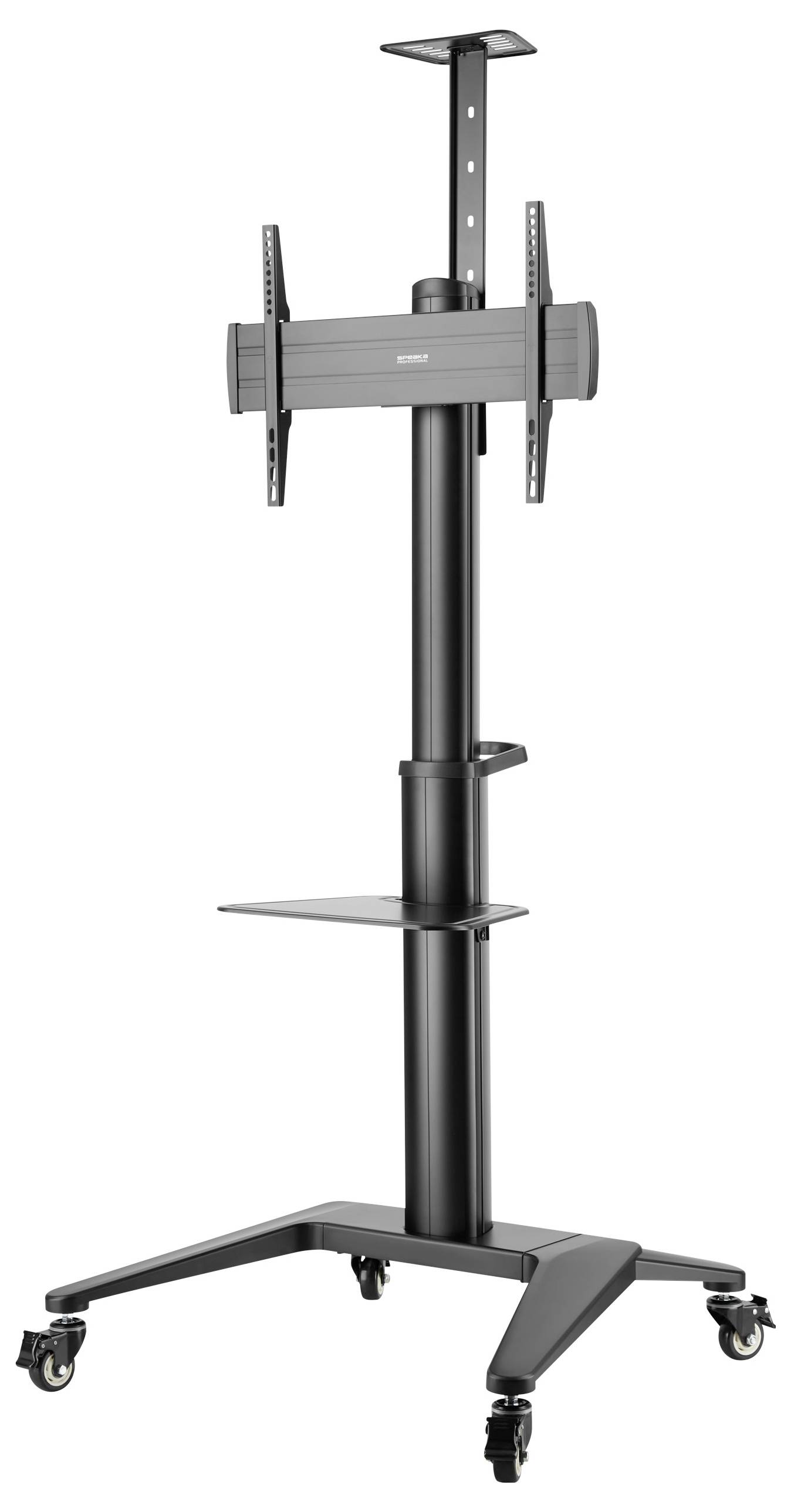 Mobile black TV stand with wheels, height-adjustable, suitable for flat-screen televisions. A storage shelf is attached to the central column.