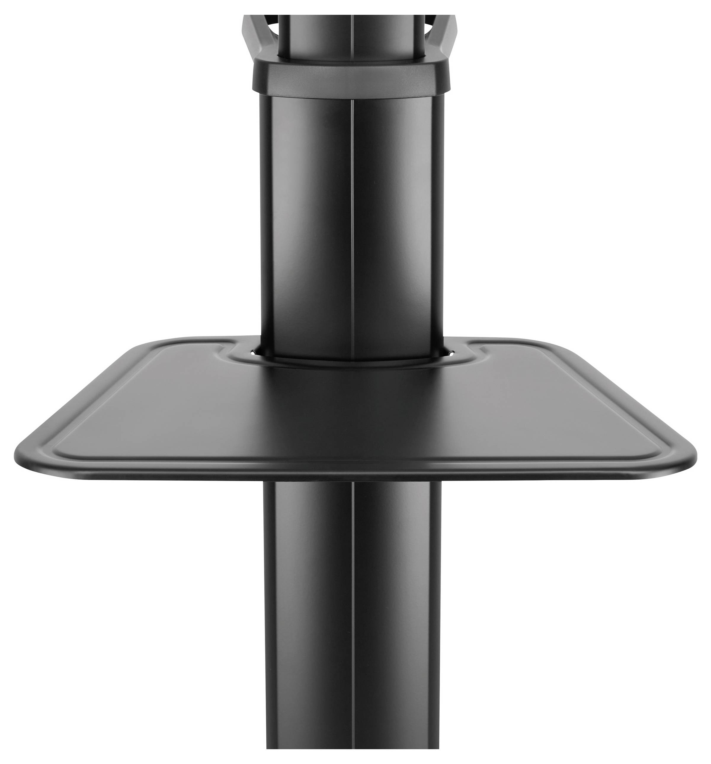A black, height-adjustable monitor stand with a square platform, suitable for improving ergonomics in the workplace.