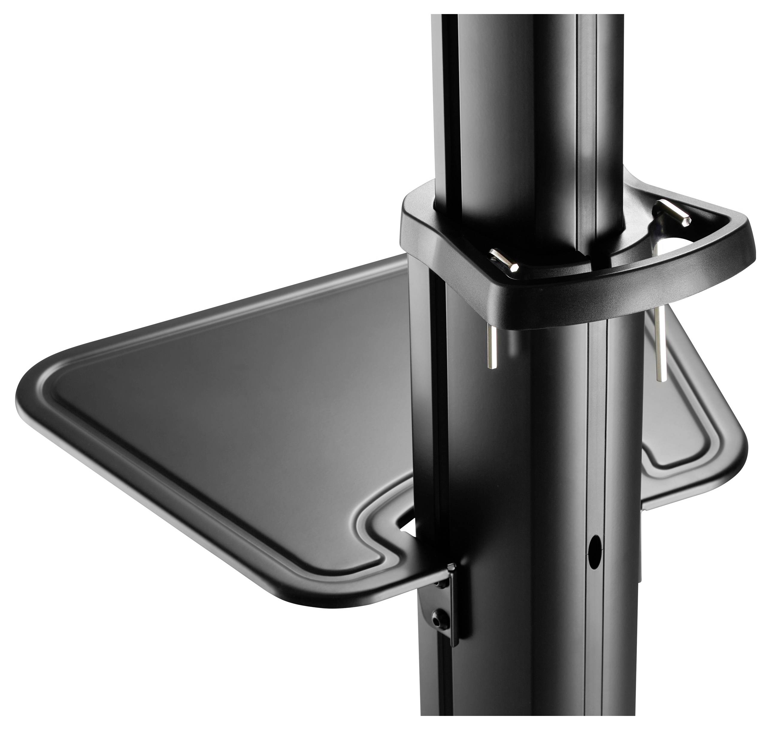 Black, vertical shelving unit with rectangular, demarcated compartment. Suitable for storing devices or accessories.