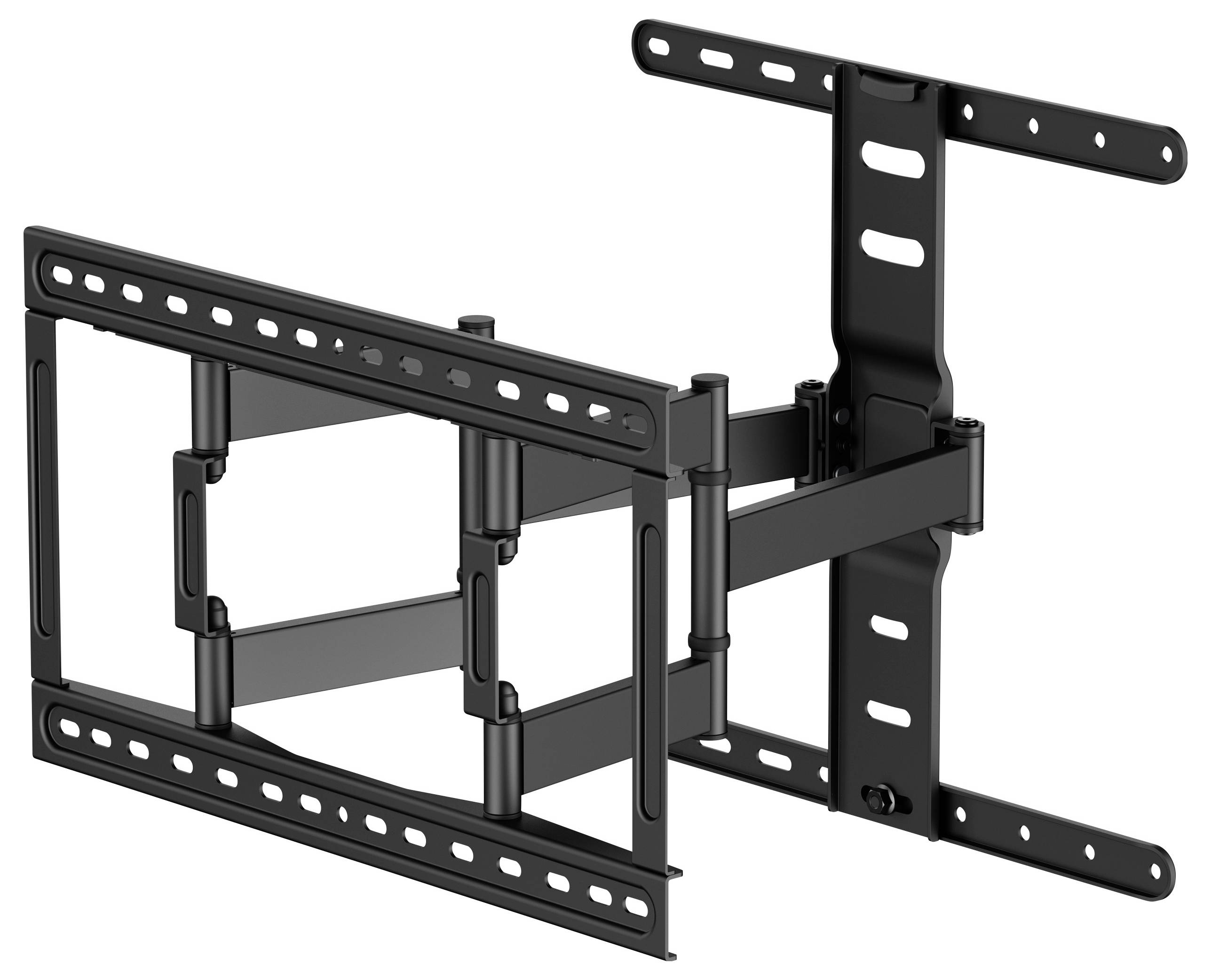 Wall mount for television, tiltable and articulating, made of black metal with multiple mounting options.