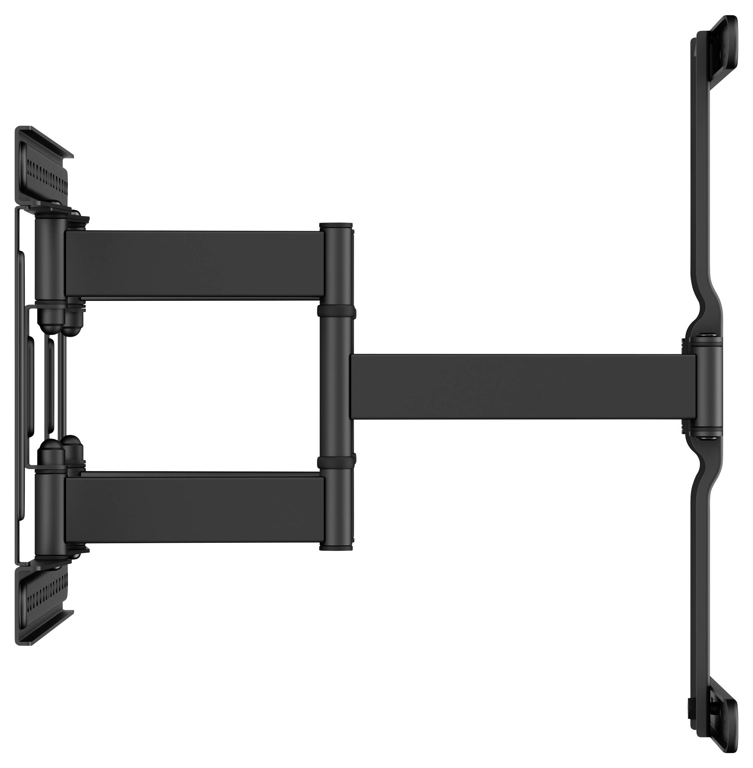 A black, adjustable TV wall mount with two articulating arms for flexible positioning, side view.