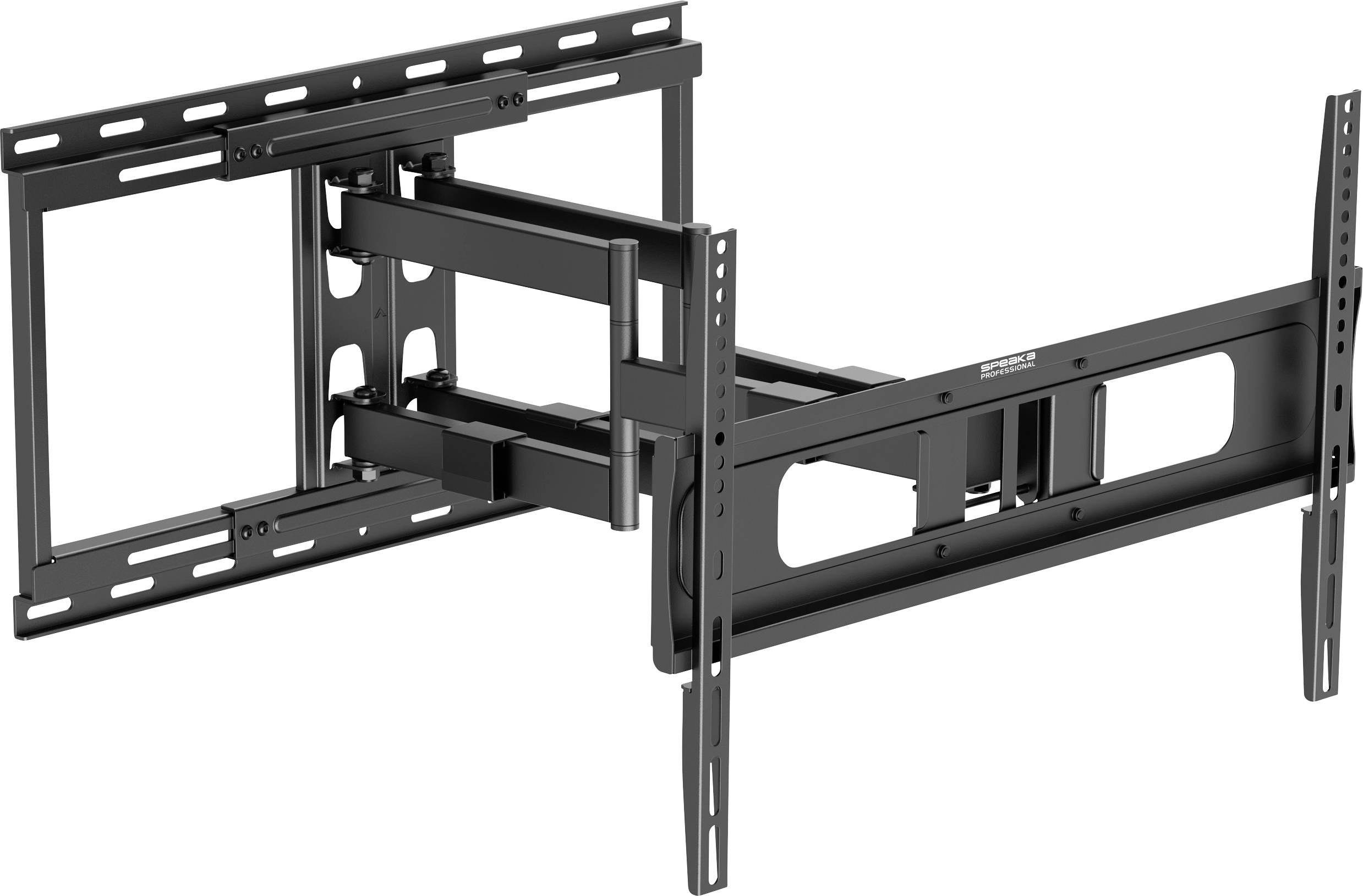 Black, adjustable TV wall mount with multiple joints for flexible positioning and optimal viewing angles.