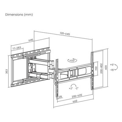 Figure shows technical drawing of an adjustable TV wall mount with dimensions in millimetres. Adaptable tilting and swivel functions.