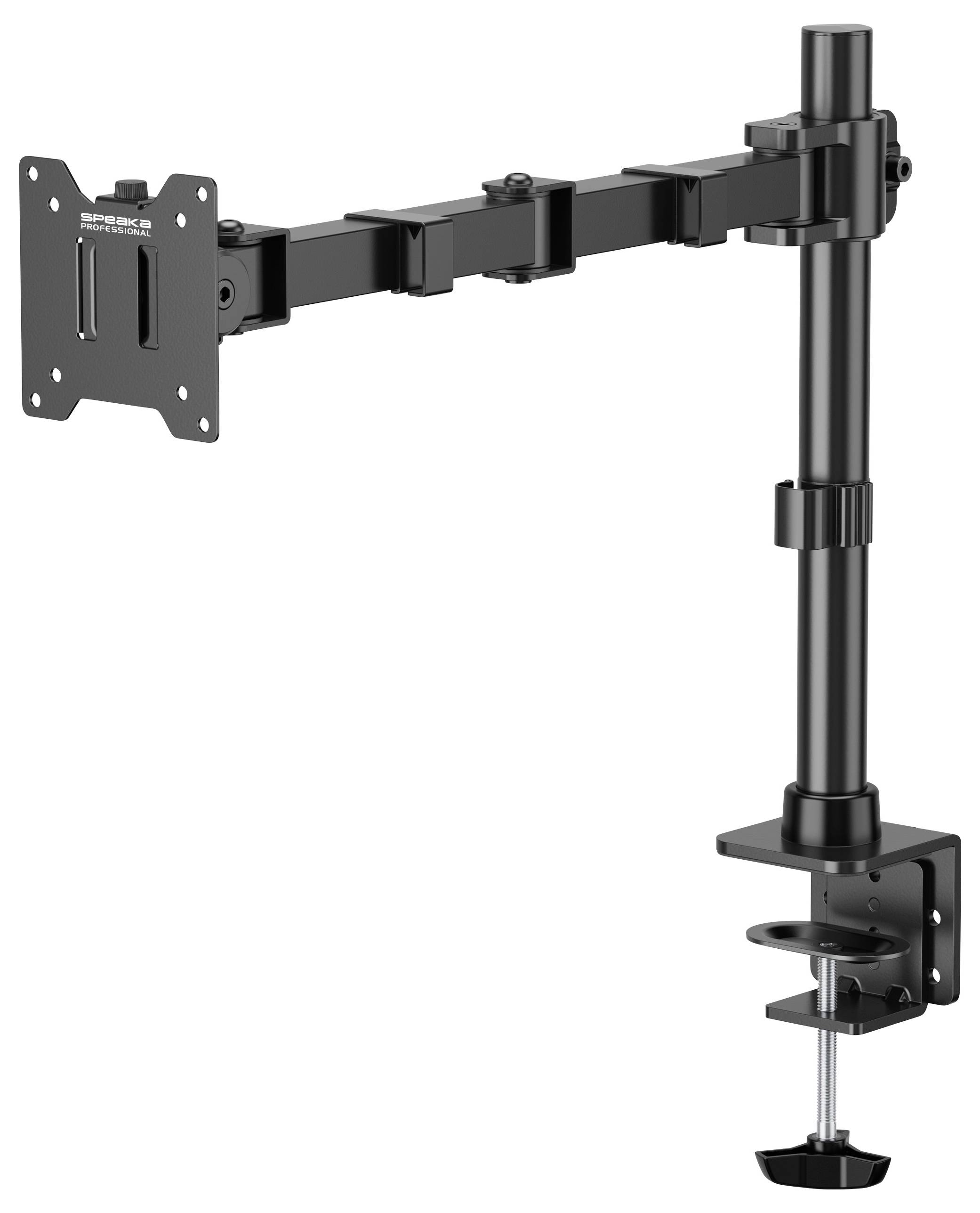 A black monitor arm with desk clamp for mounting. The arm is height-adjustable and has a mount for attaching a display screen.