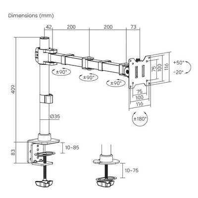 'Technical drawing of a monitor arm with dimensions in millimetres, adjustable tilt angle of ±50° and rotational range of ±90°.'