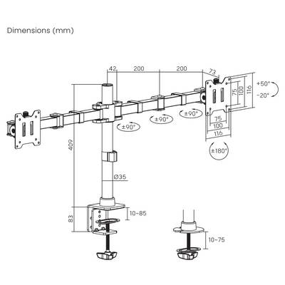 Illustration shows a monitor mount with dimensions in millimetres. Pivoting arms enable various positions and tilts.
