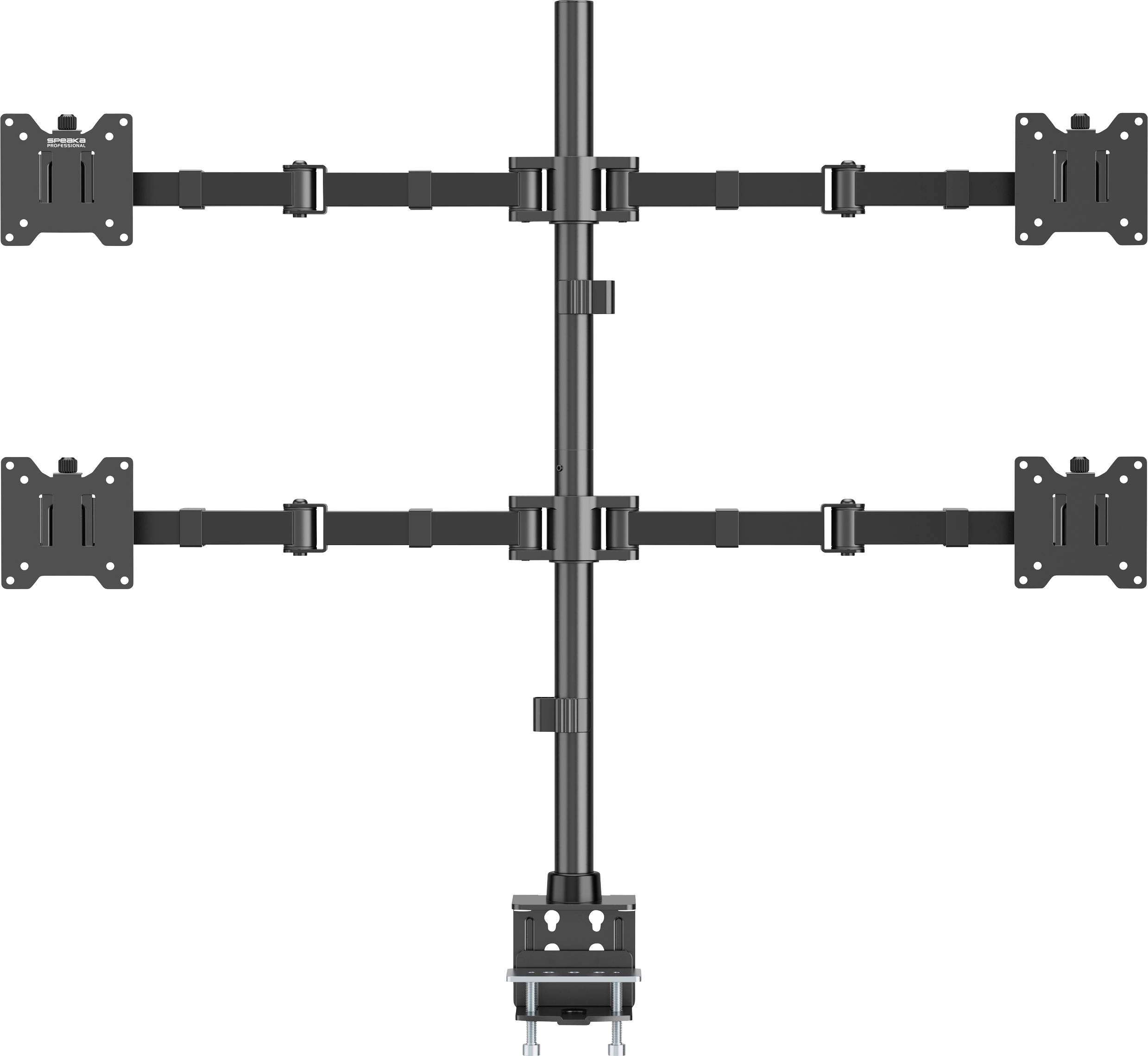 A triple monitor stand with a vertical pole, three horizontal arms, and mounting options for screens, designed to optimise workspace ergonomics.