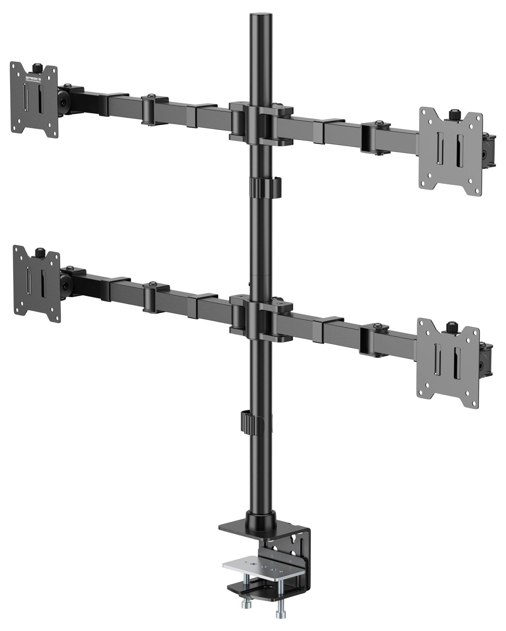 Six-screen monitor mount, vertically adjustable, with secure clamp system for desk attachment, black.