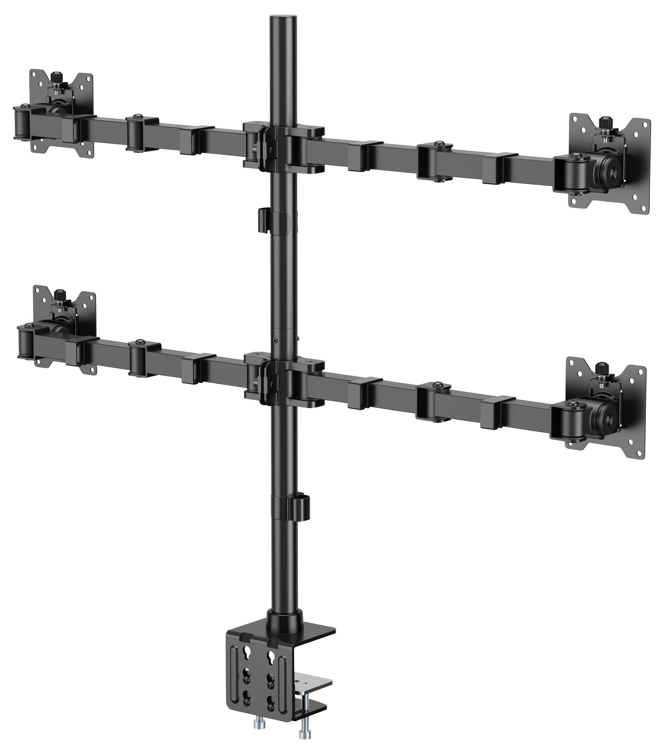 Monitor mount for six screens in two rows of three screens each, with adjustable arms for desk mounting.