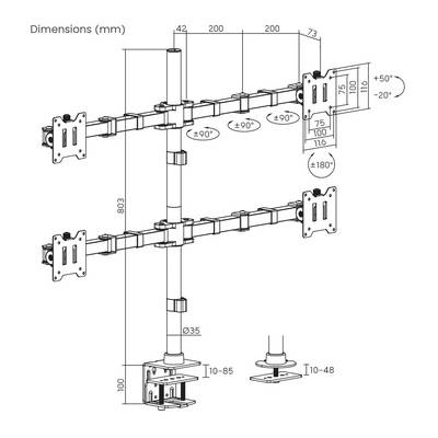 'Diagram of an adjustable monitor arm with dimensions. Shows tilt angle from +50° to -20° and rotation angle up to ±180°.'