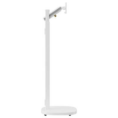 A white, vertical metal stand with an adjustable mounting bracket at the top, likely for a technical device or screen.