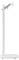 A white, vertical metal stand with an adjustable mounting bracket at the top, likely for a technical device or screen.