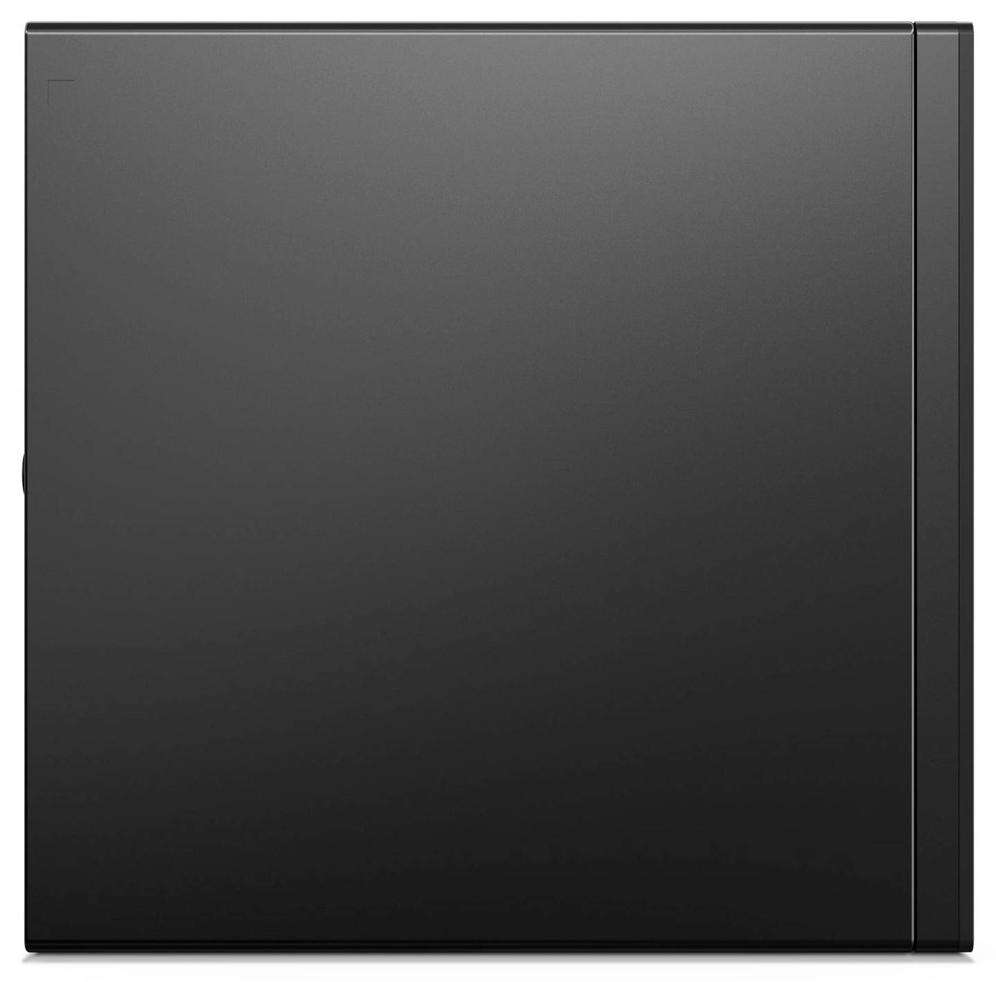 A black, square computer case with a minimalist design, showing neither brands nor other visible details.