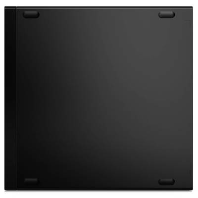'View from below of a black laptop, with four rubber feet visible at the corners for stability.'