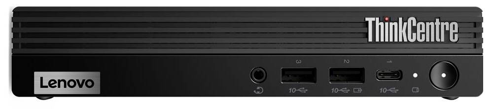 A Lenovo ThinkCentre mini desktop PC, black, with two USB ports, headphone socket and power button at the front.